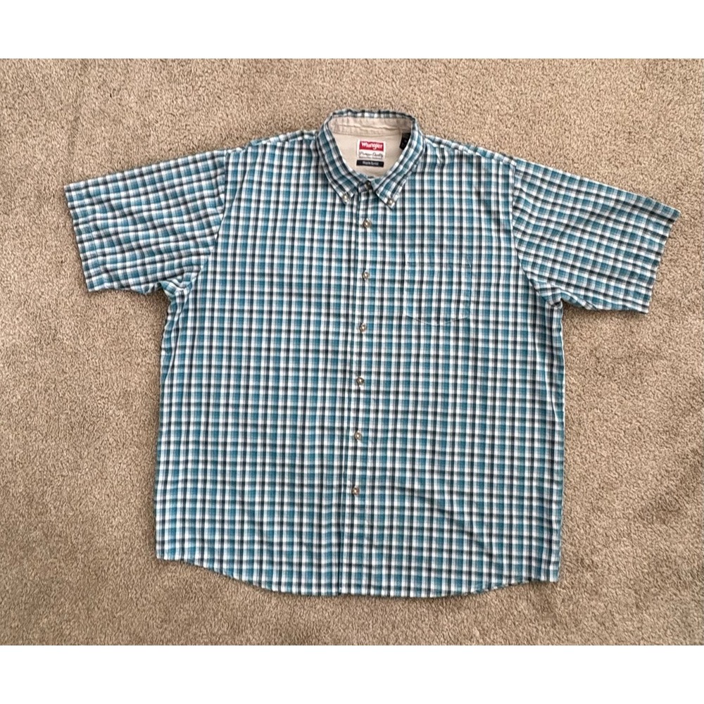 Wrangler Mens Button Down Shirt XL Teal Plaid Short Sleeve Wrinkle Resist Pocket